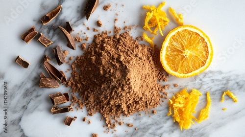 A pile of cacao powder on a vintage marble countertop, surrounded by broken cocoa pods and dried orange zest photo