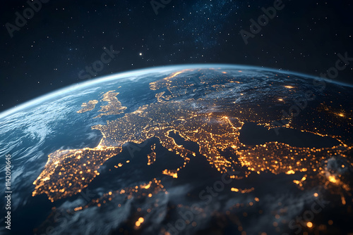 Fototapeta Naklejka Na Ścianę i Meble -  Nighttime View Of Europe From Space With City Lights Illuminating The Continent And Stars In The Sky. Generative AI