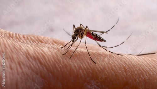 Wallpaper Mural Close-Up of Mosquito Feeding on Human Skin with Blood-Filled Abdomen. Detailed View of Insect Anatomy, Disease Vector Behavior, and Public Health Concept for Malaria, Dengue, and Zika Awareness Torontodigital.ca
