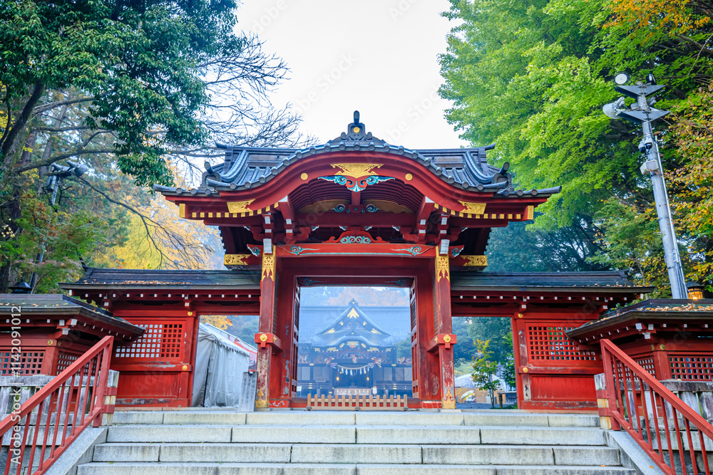 秋の霧のかかる秩父神社　埼玉県秩父市　Chichibu Shrine covered in autumn mist. Saitama Pref, Chichibu City.