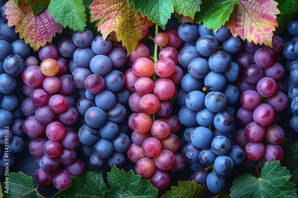 Fototapeta premium Red and Blue Grapes with Lush Green Leaves
