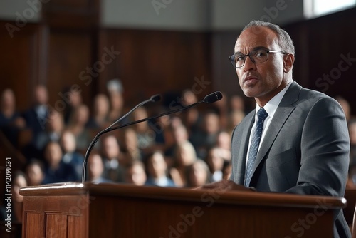 Professional Speaker Presenting Evidence to Judge in Courtroom Setting with Neutral Lighting in Medium Shot Focused on Formal Attire and Serious Expression
