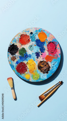 Vibrant paint palette and brushes on light blue background for artistic inspiration photo