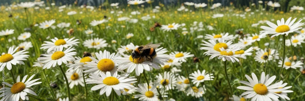 Bumble bees flying around a patch of daisies in a sunny meadow, with a few bees collecting nectar from each flower, nature scene, pollination, natural world Bumble bees flying around a patch of daisies in a sunny meadow, with a few bees collecting nectar from each flower, nature scene, pollination, natural world