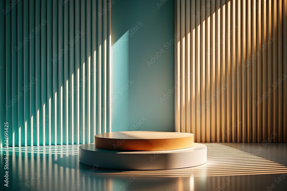 Obraz premium Minimalist 3D product showcase: geometric shapes, long exposure, studio lighting, abstract backdrop.
