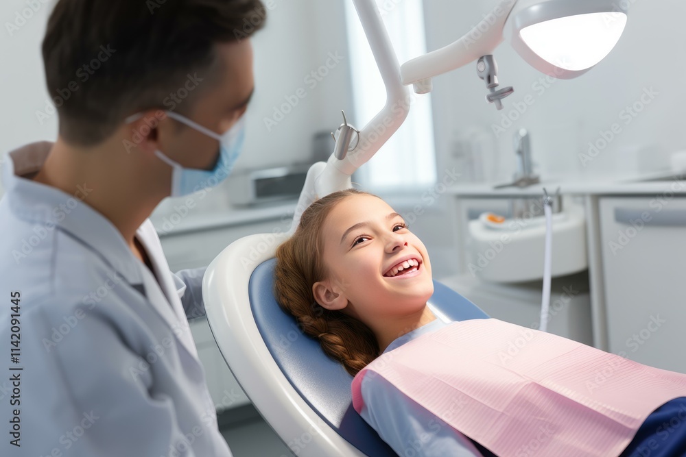 Obraz premium Happy girl smiling while visiting dentist in dental clinic