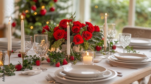 A festive dinner table beautifully adorned with candles, romantic decor, flowers, and red accents, an inviting setting for people celebrating Valentine’s Day, wedding , birthday, special occasions