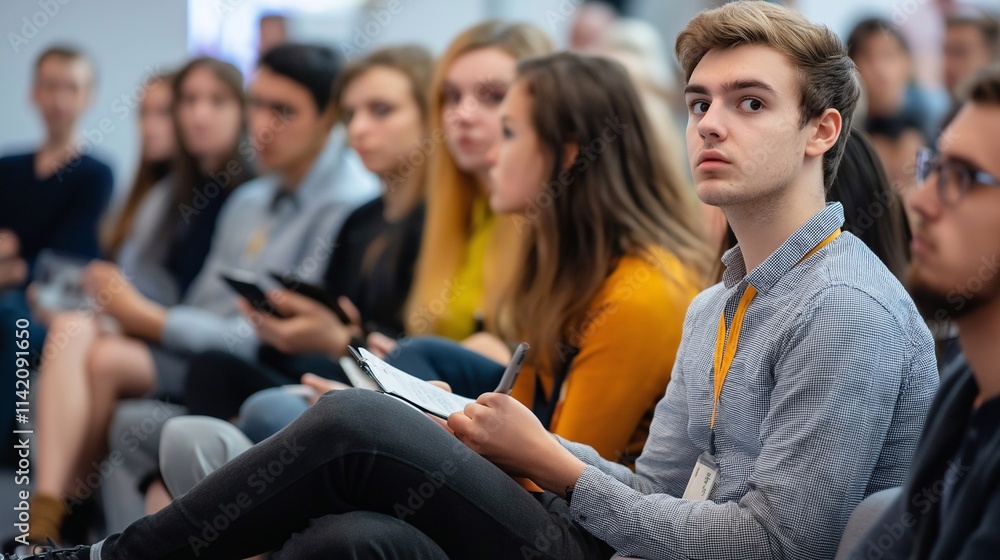 Fototapeta premium Young leaders presenting innovative ideas at an environmental forum, addressing a mixed audience of engaged attendees taking notes. The shared commitment to sustainability and progress