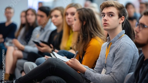 Young leaders presenting innovative ideas at an environmental forum, addressing a mixed audience of engaged attendees taking notes. The shared commitment to sustainability and progress