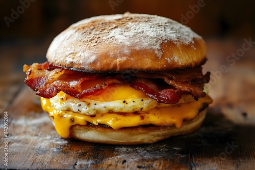 A delicious breakfast sandwich made with egg, bacon and melted cheese