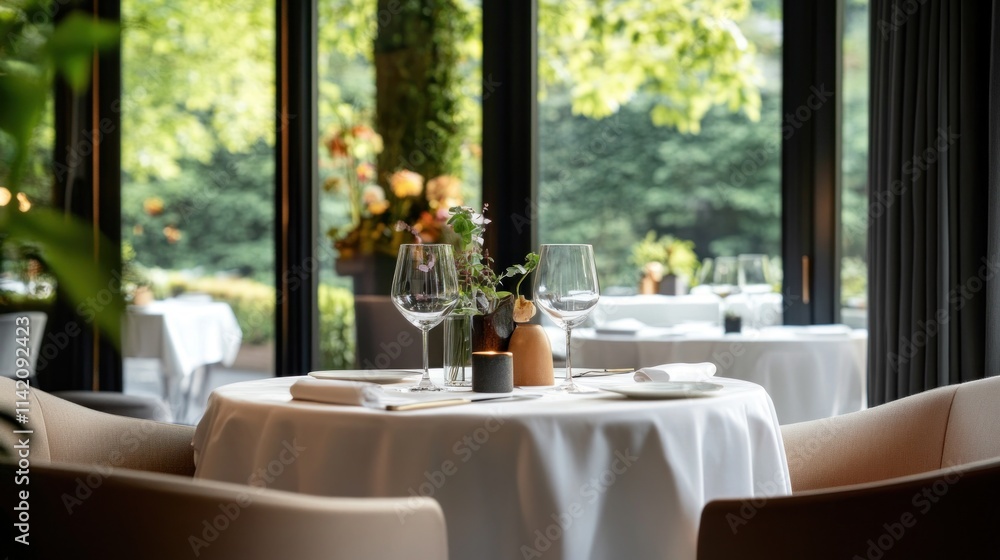 Elegant dining setup in a serene restaurant. Elegant dining setup in a serene restaurant.