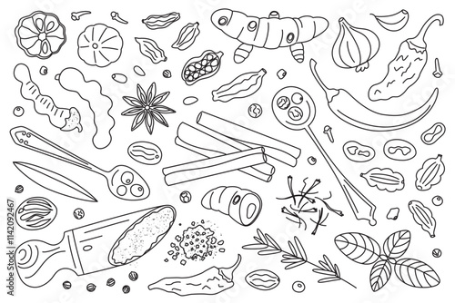 Spices vector illustration. Black and white doodle set of spices, herbs, and seasoning. Cartoon style, flat design, outline pepper, cinnamon, star anise, garlic, saffron, chili, cardamom, cloves