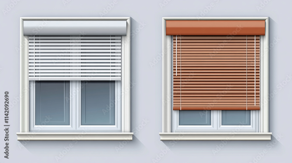 Window with roller shutter up and close. Plastic pvc double casement blinds. Opened and shut front view. Home facade design elements isolated on transparent background realistic 3d vector illustration Window with roller shutter up and close. Plastic pvc double casement blinds. Opened and shut front view. Home facade design elements isolated on transparent background realistic 3d vector illustration