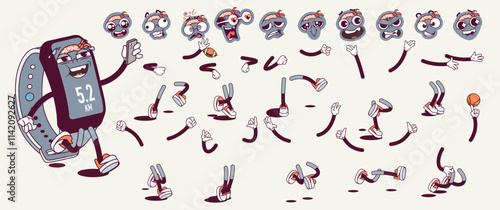 Fitness bracelet cartoon character with groovy comic faces set. Funny mascot with bundle of smile, happy, cheerful, tired and other facial emotions, legs poses, hands gestures. Vector illustration.