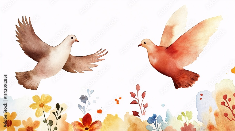 Obraz premium Vibrant Watercolor Painting of Doves Flying Among Colorful Flowers and Floral Elements in a Soft, Dreamy Background