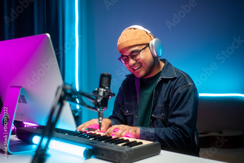 Fotografi Professional Musician with condenser microphone and tablet for Mixing Mastering music