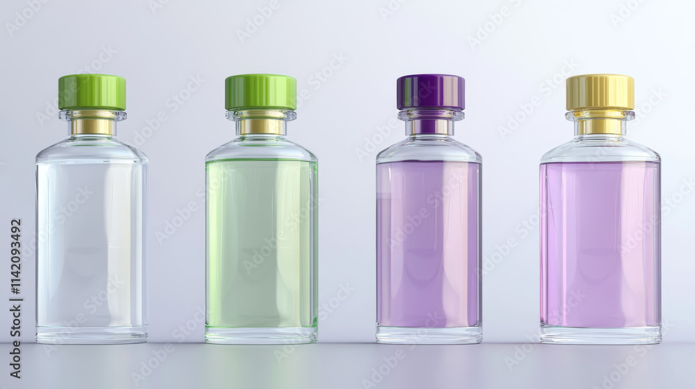 Glass bottles for fragrance, perfume, cologne, cosmetic spray. Vector realistic mockup of 3d blank transparent containers with tubes, green and purple caps and clear fluid Glass bottles for fragrance, perfume, cologne, cosmetic spray. Vector realistic mockup of 3d blank transparent containers with tubes, green and purple caps and clear fluid