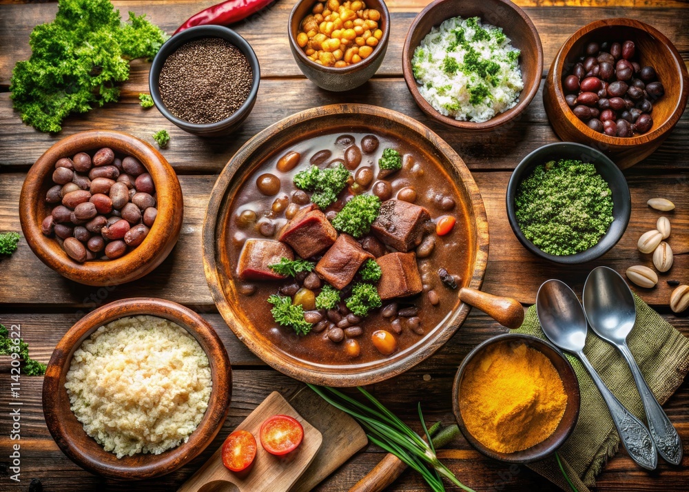 Savory Brazilian feijoada: a panoramic view of authentic beans, pork, and deliciousness. Savory Brazilian feijoada: a panoramic view of authentic beans, pork, and deliciousness.