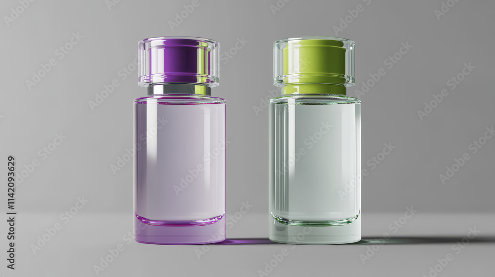 Glass bottles for fragrance, perfume, cologne, cosmetic spray. Vector realistic mockup of 3d blank transparent containers with tubes, green and purple caps and clear fluid Glass bottles for fragrance, perfume, cologne, cosmetic spray. Vector realistic mockup of 3d blank transparent containers with tubes, green and purple caps and clear fluid