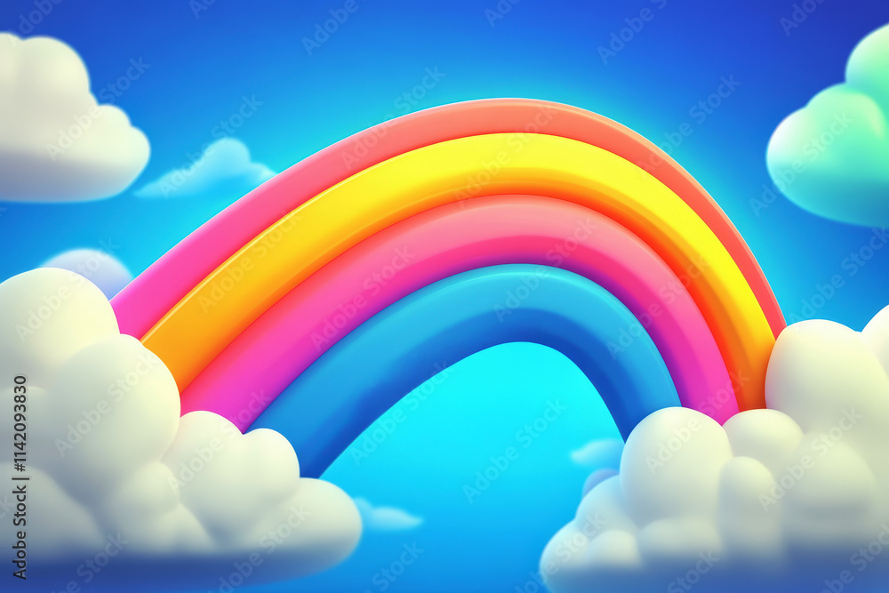 Cute Cartoon Rainbow with a Smiling Face and Fluffy Clouds in a Blue Sky