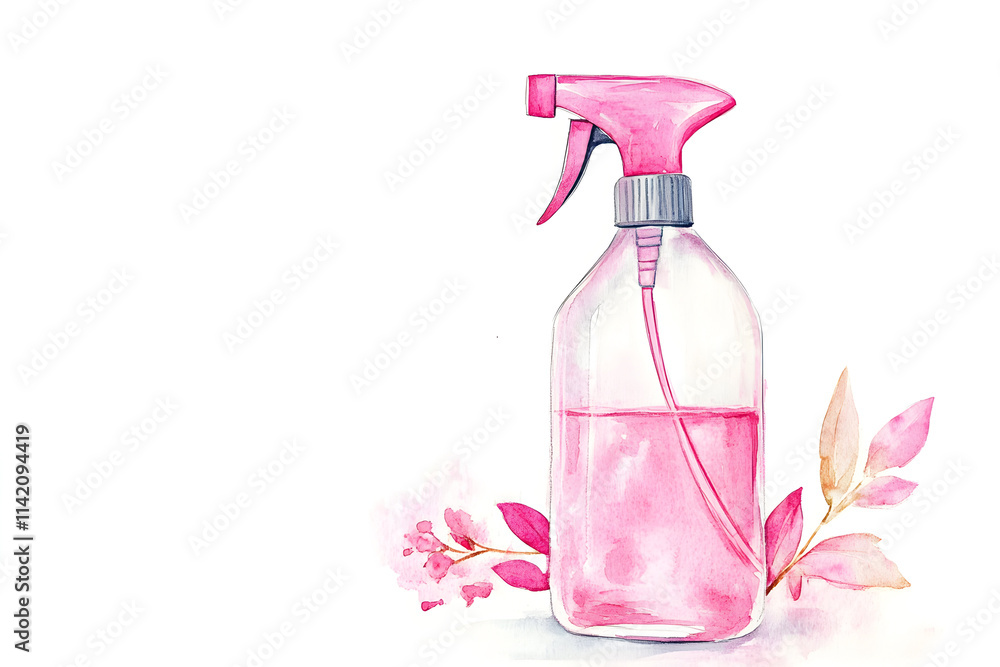 Brightly colored spray bottle surrounded by delicate pink leaves and flowers showcasing a blend of nature and domestic life during a tranquil afternoon Brightly colored spray bottle surrounded by delicate pink leaves and flowers showcasing a blend of nature and domestic life during a tranquil afternoon