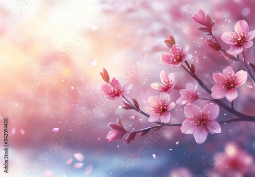 Beautiful Pink Cherry Blossom Branch with Petals in a Soft Focus Background of Blooming Spring Atmosphere and Nature's Tranquil Serenity