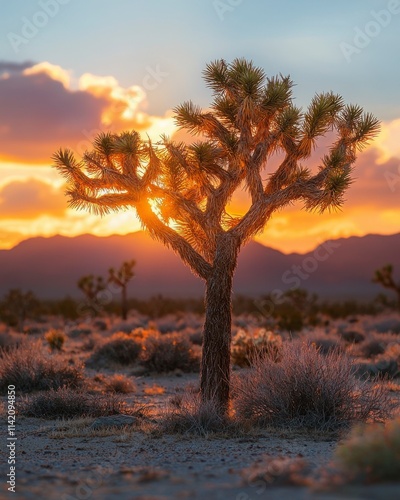 Majestic Joshua Tree Against a Vibrant Sunset in Desert Landscape