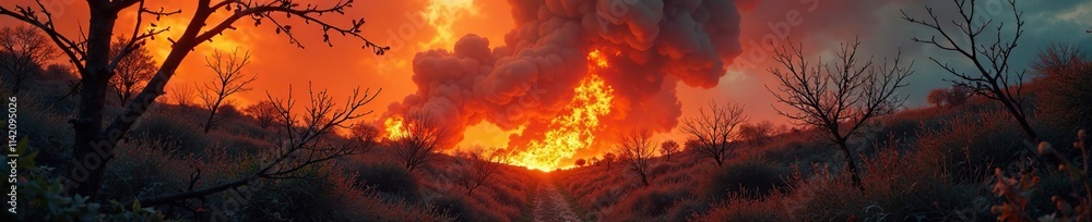 Naklejka premium Wildfire raging through a tangle of vines and thorny shrubs, fire, nature