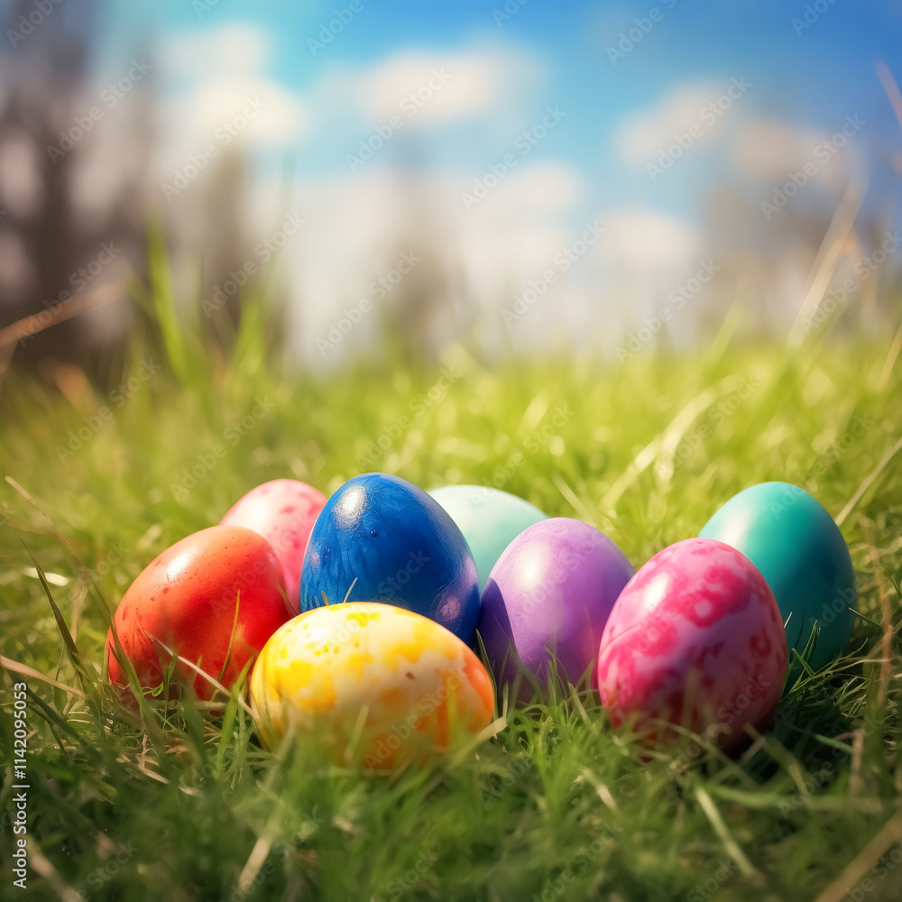 Bunch of colorful Easter eggs are sitting on the grass. The eggs are of different colors and sizes, and they are arranged in a circle. Concept of celebration and joy Bunch of colorful Easter eggs are sitting on the grass. The eggs are of different colors and sizes, and they are arranged in a circle. Concept of celebration and joy