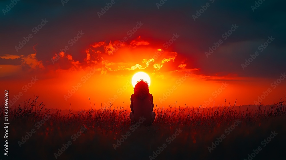 Obraz premium Lion Man Silhouetted Against Fiery Sunset Landscape