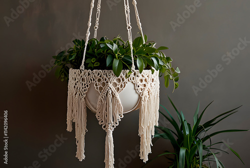 Plant in white ceramic pot hanging from cotton macrame next to the wall at home, closeup soft focus. Green houseplant in handmade holders made of rope. photo