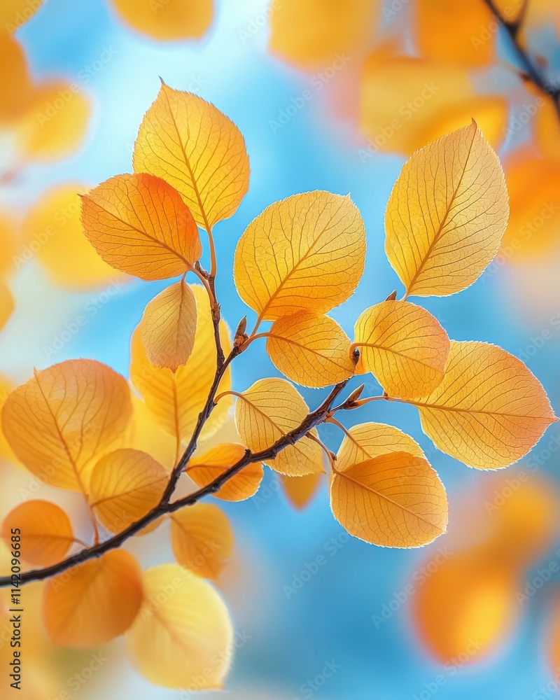 Bright Yellow Leaves on Branch Against Soft Blue Background Bright Yellow Leaves on Branch Against Soft Blue Background