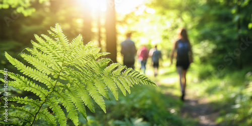 Fototapeta Naklejka Na Ścianę i Meble -  People hiking on a sunny day in a lush forest