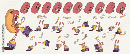 Hot dog cartoon character with groovy comic faces set. Funny roller sausage mascot with bundle of happy, sad, smile, angry and other facial emotions, legs poses, hands gestures. Vector illustration.