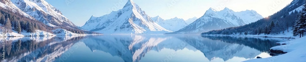 Snow-covered mountain lake with reflected peaks, scenery, snow Snow-covered mountain lake with reflected peaks, scenery, snow