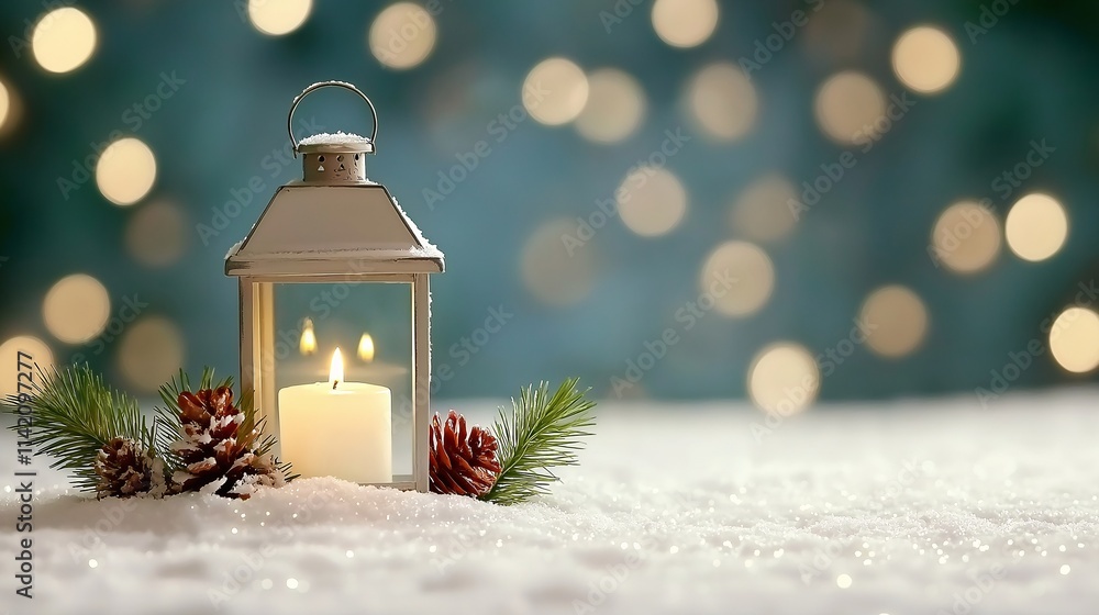 Cozy Winter Lantern with Fir Branch and Pinecones on Snowy Background with Soft Bokeh Lights Creating a Warm and Inviting Atmosphere for Holidays Cozy Winter Lantern with Fir Branch and Pinecones on Snowy Background with Soft Bokeh Lights Creating a Warm and Inviting Atmosphere for Holidays