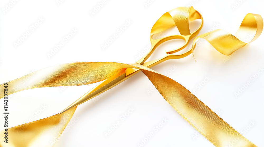 Golden scissors cut ribbon on grand open ceremony, launch event or inauguration. Vector realistic illustration of yellow metal scissors cutting gold tape isolated on white background Golden scissors cut ribbon on grand open ceremony, launch event or inauguration. Vector realistic illustration of yellow metal scissors cutting gold tape isolated on white background