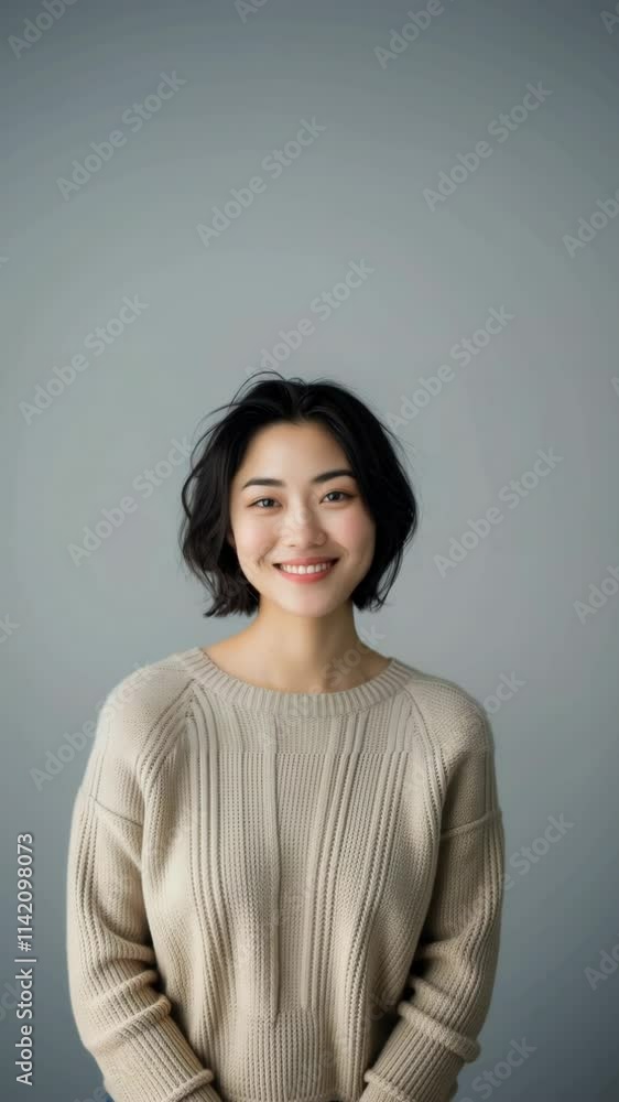 Portrait of a Smiling Young Asian Woman in a Beige Sweater Against a Gray Background Portrait of a Smiling Young Asian Woman in a Beige Sweater Against a Gray Background