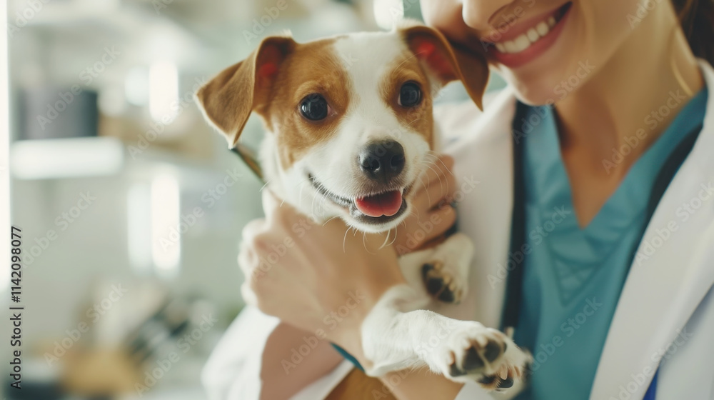 Professional veterinarian with happy dog in inviting clinic setting Professional veterinarian with happy dog in inviting clinic setting