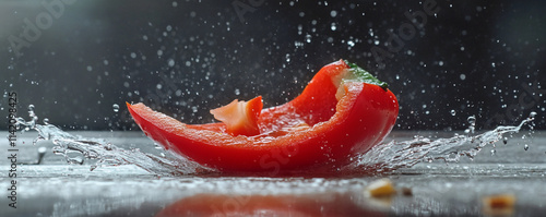 Fresh red pepper splashes into water creating dynamic droplets in a kitchen setting photo