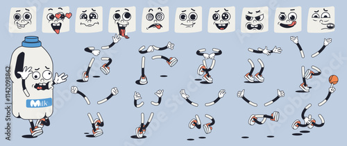 Milk bottle cartoon character with groovy comic faces set. Funny mascot with bundle of confusion, happy, love, sad, angry and other facial emotions, legs poses, hands gestures. Vector illustration.