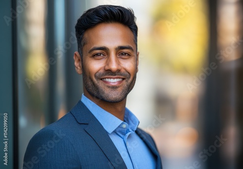 Confident businessman smiling outdoors in a blue suit with a background of blurred cityscape, showcasing professionalism and charisma in a modern environment