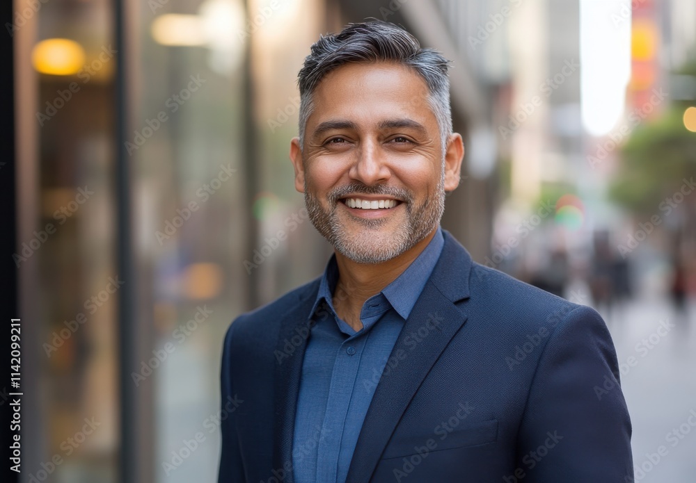 Confident Man in Business Attire Standing on City Street with Smiling Expression and Urban Background, Showcasing Professionalism and Approachability Confident Man in Business Attire Standing on City Street with Smiling Expression and Urban Background, Showcasing Professionalism and Approachability