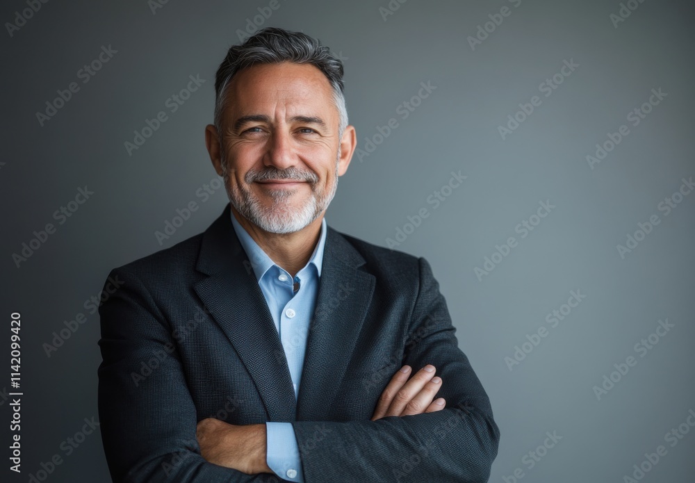 Confident Middle-Aged Man in Business Attire Smiling Against a Gray Background, Exuding Professionalism and Approachability in a Modern Office Setting Confident Middle-Aged Man in Business Attire Smiling Against a Gray Background, Exuding Professionalism and Approachability in a Modern Office Setting