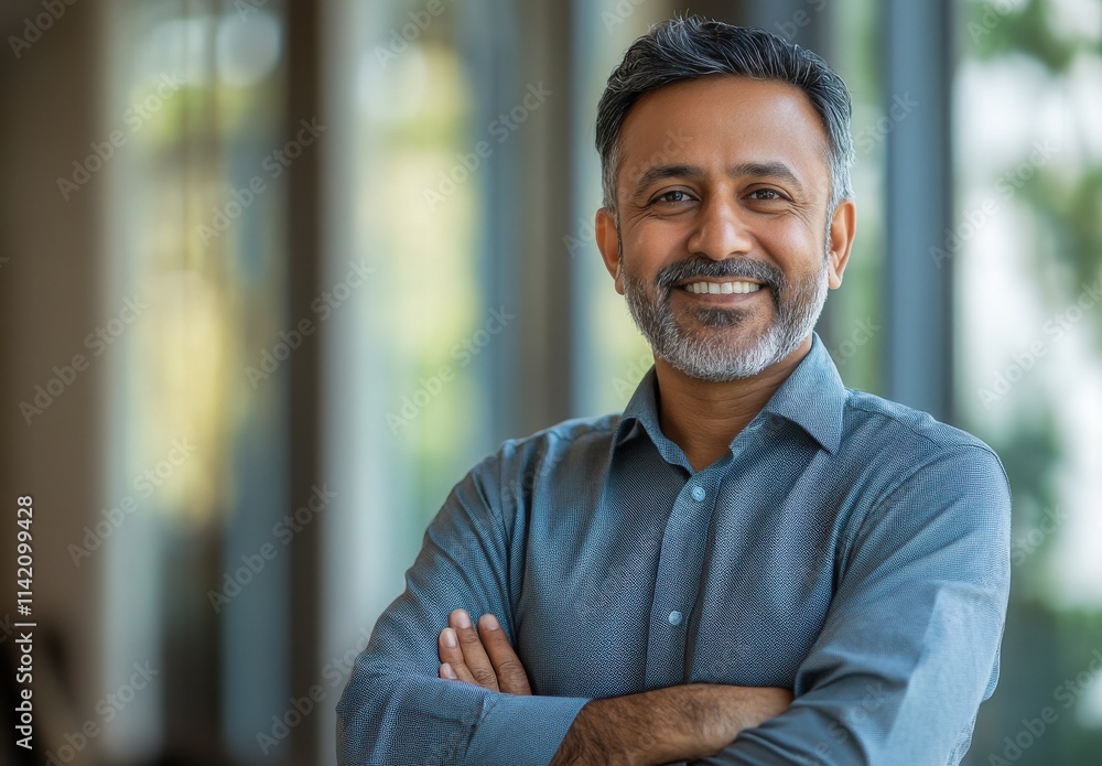 Confident mature man with beard smiling in office environment, showcasing professionalism and positive attitude, emphasizing successful career and self-assurance Confident mature man with beard smiling in office environment, showcasing professionalism and positive attitude, emphasizing successful career and self-assurance