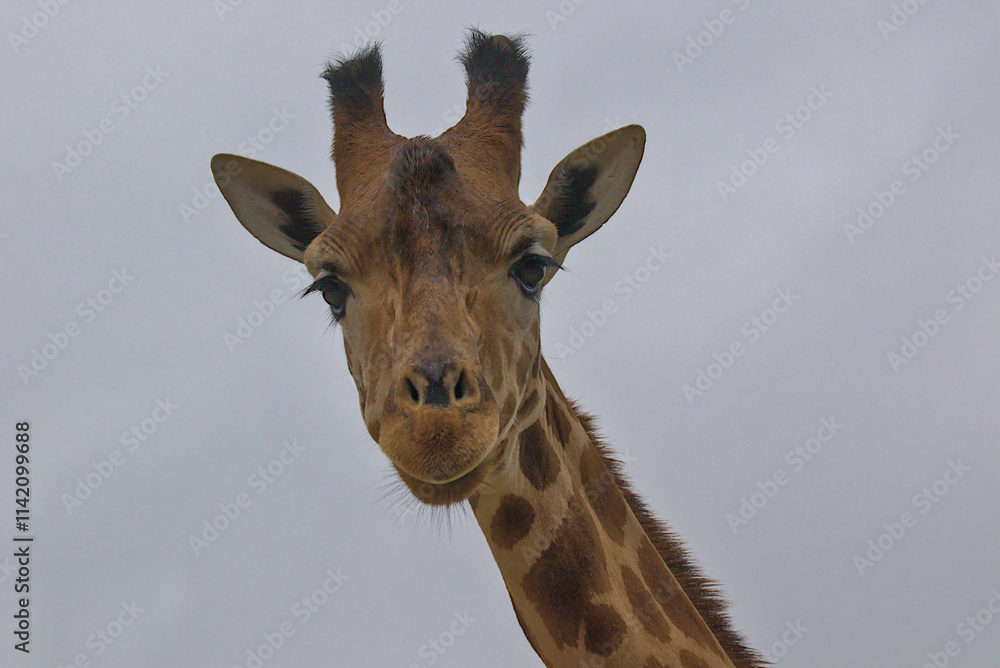 Obraz premium A giraffe stares straight into the camera, its large eyes full of wonder. Its patterned fur contrasts beautifully against the sky. The animal's graceful features and unique horns are on full display.