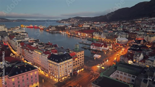Night aerial of historic city Bergen, Norway colourful wooden warehouses harbour