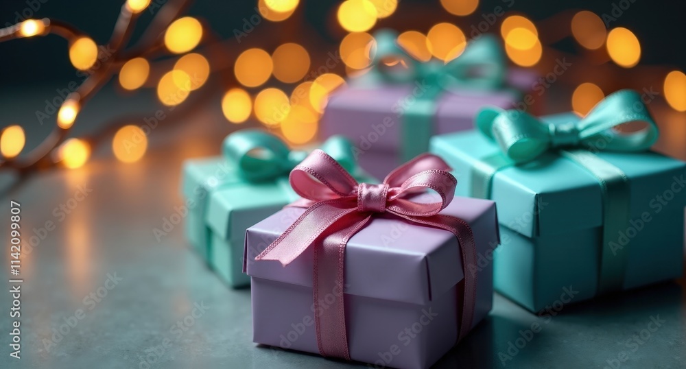 Decorative ribbons tied in bows on gifts for Christmas, with orange-teal lighting and glowing golden fireflies in a dreamy lavender and mint background. HD quality. Decorative ribbons tied in bows on gifts for Christmas, with orange-teal lighting and glowing golden fireflies in a dreamy lavender and mint background. HD quality.