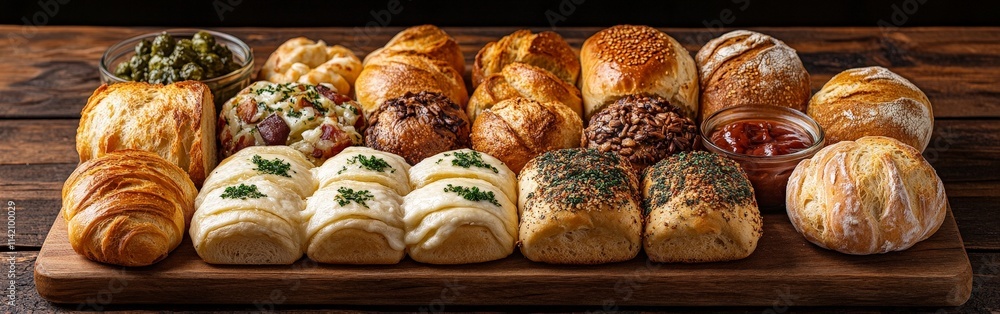 Fresh Bread Selection on Rustic Wooden Plate Fresh Bread Selection on Rustic Wooden Plate