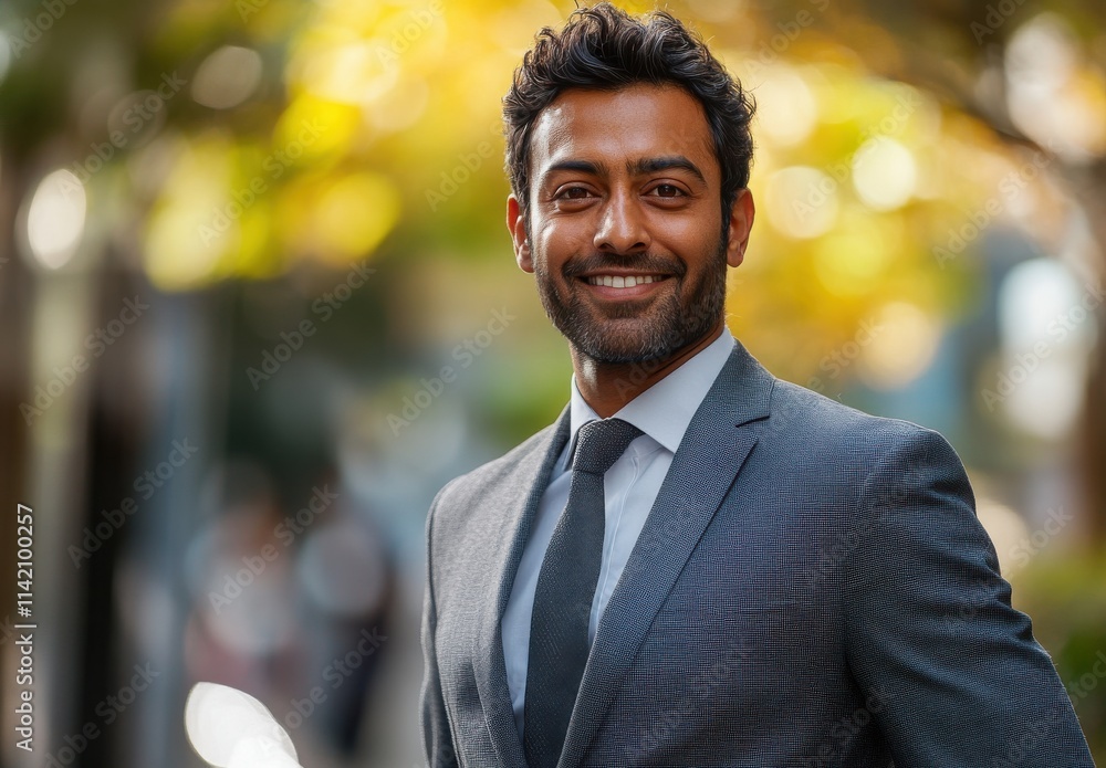 Confident Young Businessman Smiling in Formal Suit Standing Outdoors with Warm Autumn Background and Blurred Cityscape in Daylight Confident Young Businessman Smiling in Formal Suit Standing Outdoors with Warm Autumn Background and Blurred Cityscape in Daylight